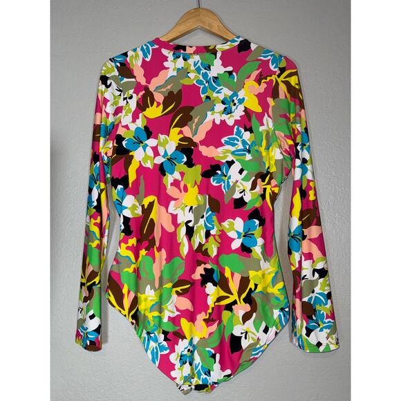 Anne Cole Floral Print Half Zip Rash Guard Swim Shirt Long Sleeve Swimsuit Sz 16 - Picture 4 of 10